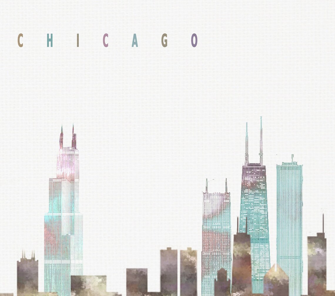 Chicago Illinois Soft Neutral Watercolor Skyline Art Modern Home Decor Poster - Image 2