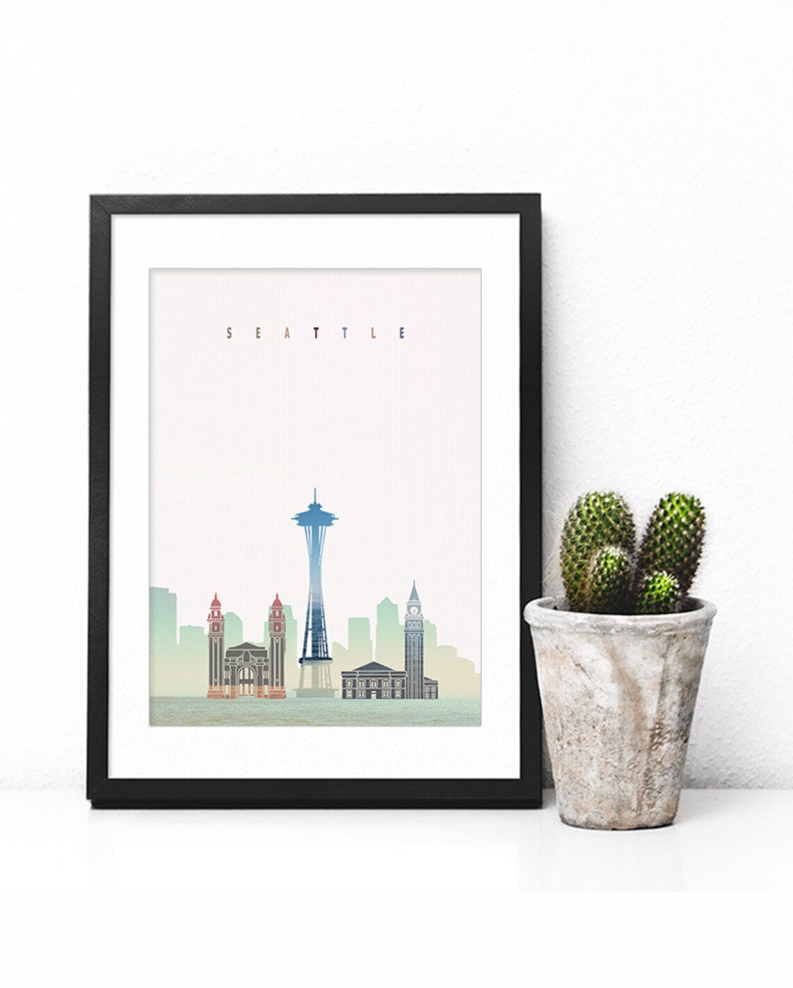 Seattle Washington Watercolor Skyline Space Needle Pastel Art Poster - Image 2
