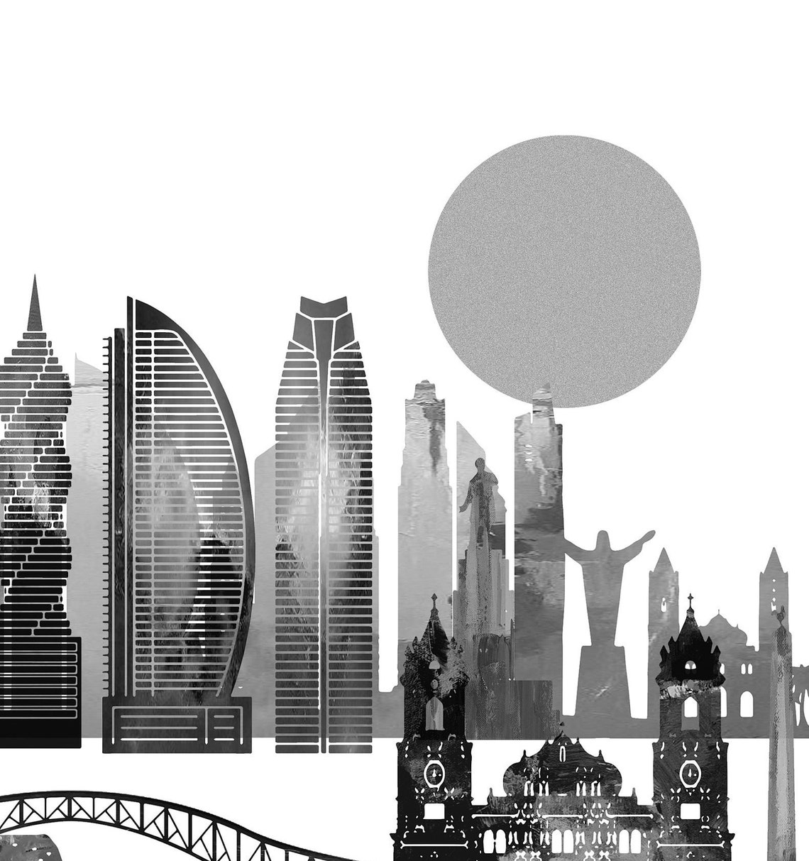Panama City Black and White Skyline Moon Minimalist Decor Poster - Image 2