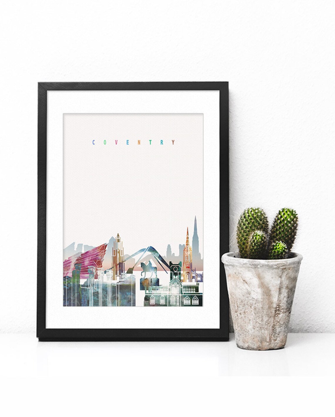 Coventry England Colorful Modern Watercolor City Skyline Art Poster - Image 2