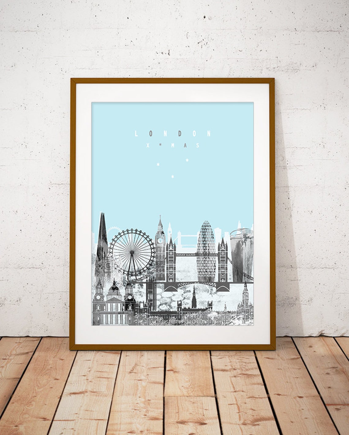 London Xmas Light Blue City Skyline Christmas Print Decor Modern Gift