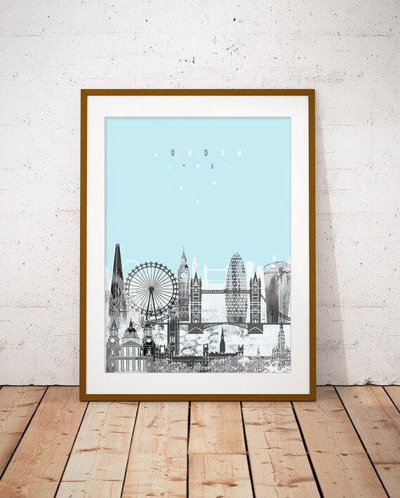 London Xmas Light Blue City Skyline Christmas Print Decor Modern Gift