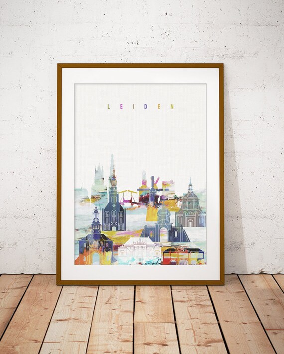 Leiden Netherlands Windmill Watercolor City Skyline Art Poster