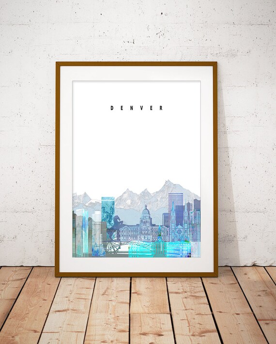 Denver Colorado Watercolor Skyline Rocky Mountains Blue Art Poster