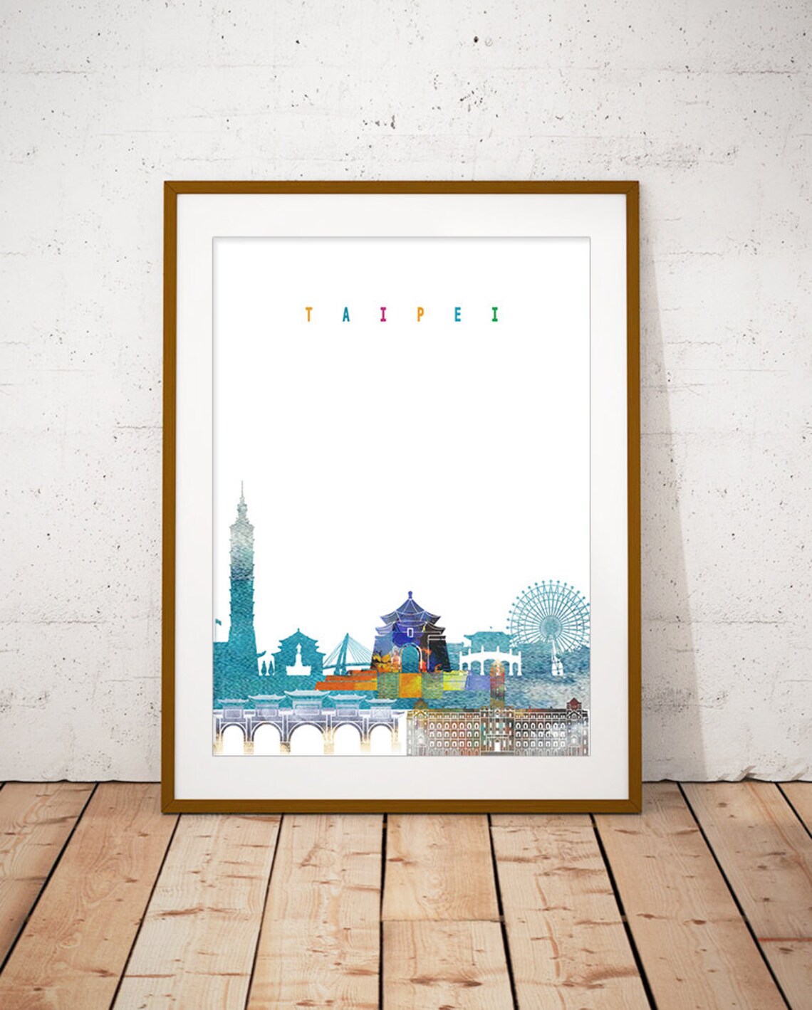 Taipei Taiwan Watercolor Skyline Tower Landmarks Cityscape Poster