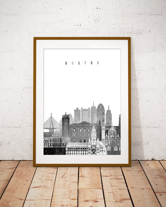 Boston Black and White City Skyline Minimalist Watercolor Poster