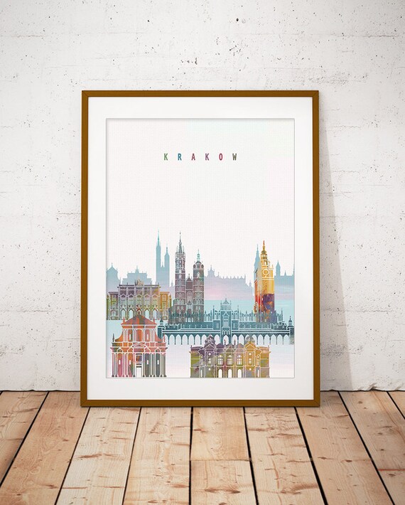 Krakow Poland Old Town Watercolor Skyline Cityscape Poster Art