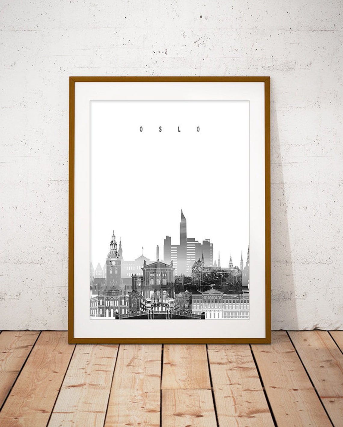 Oslo Monochrome Watercolor Skyline Modern Home Wall Decor Poster