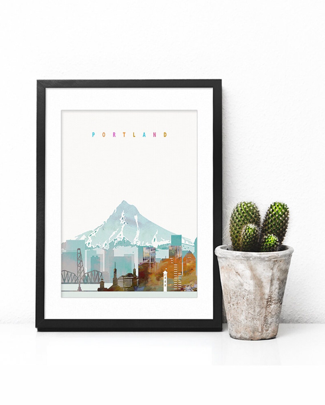 Portland Oregon Watercolor Skyline Mount Hood Bridge Pastel Poster - Image 2