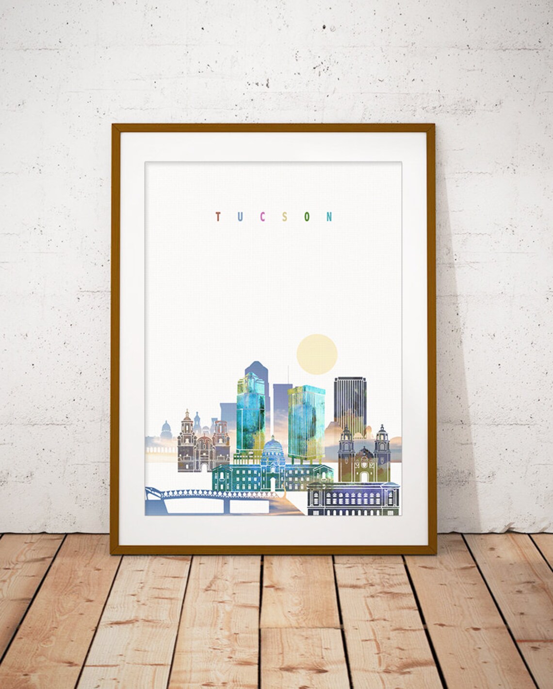 Tucson Arizona Colorful Watercolor Sun Desert Skyline Art Poster
