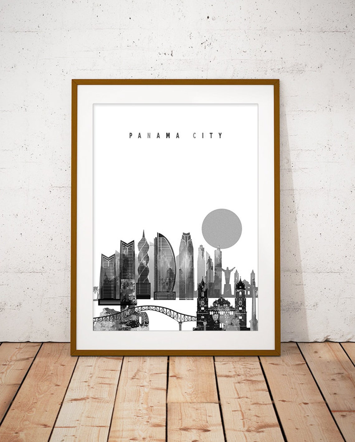 Panama City Black and White Skyline Moon Minimalist Decor Poster