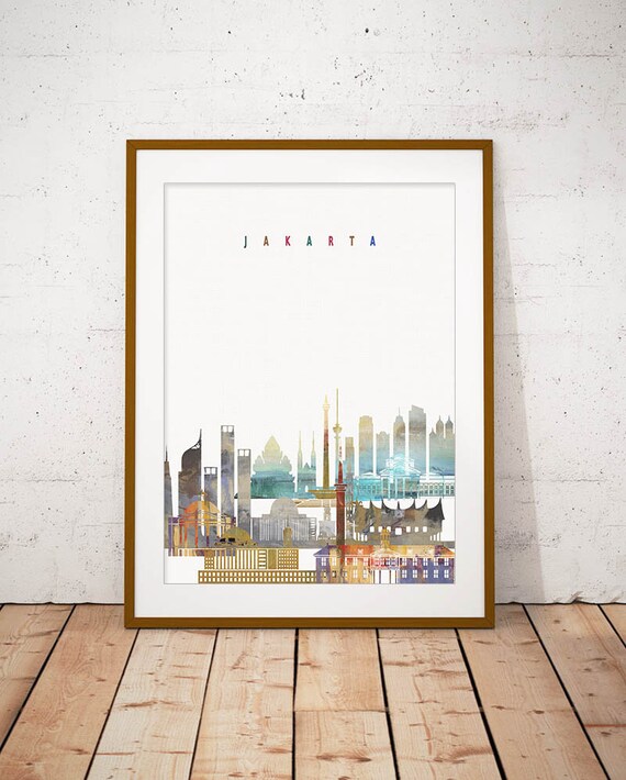 Jakarta Watercolor City Skyline Indonesia Print Home Decor Gift