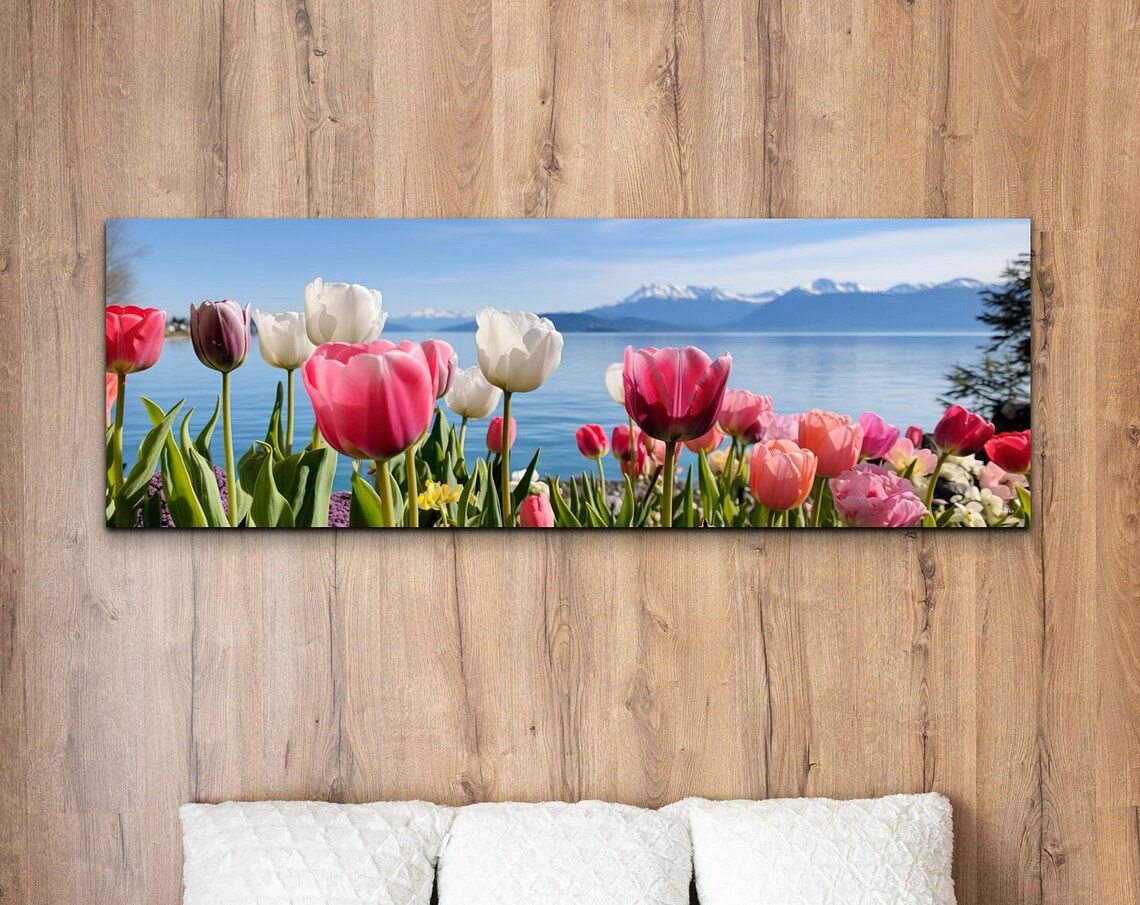 Colorful Tulips Blooming Beside a Lake with Snowy Mountains Poster