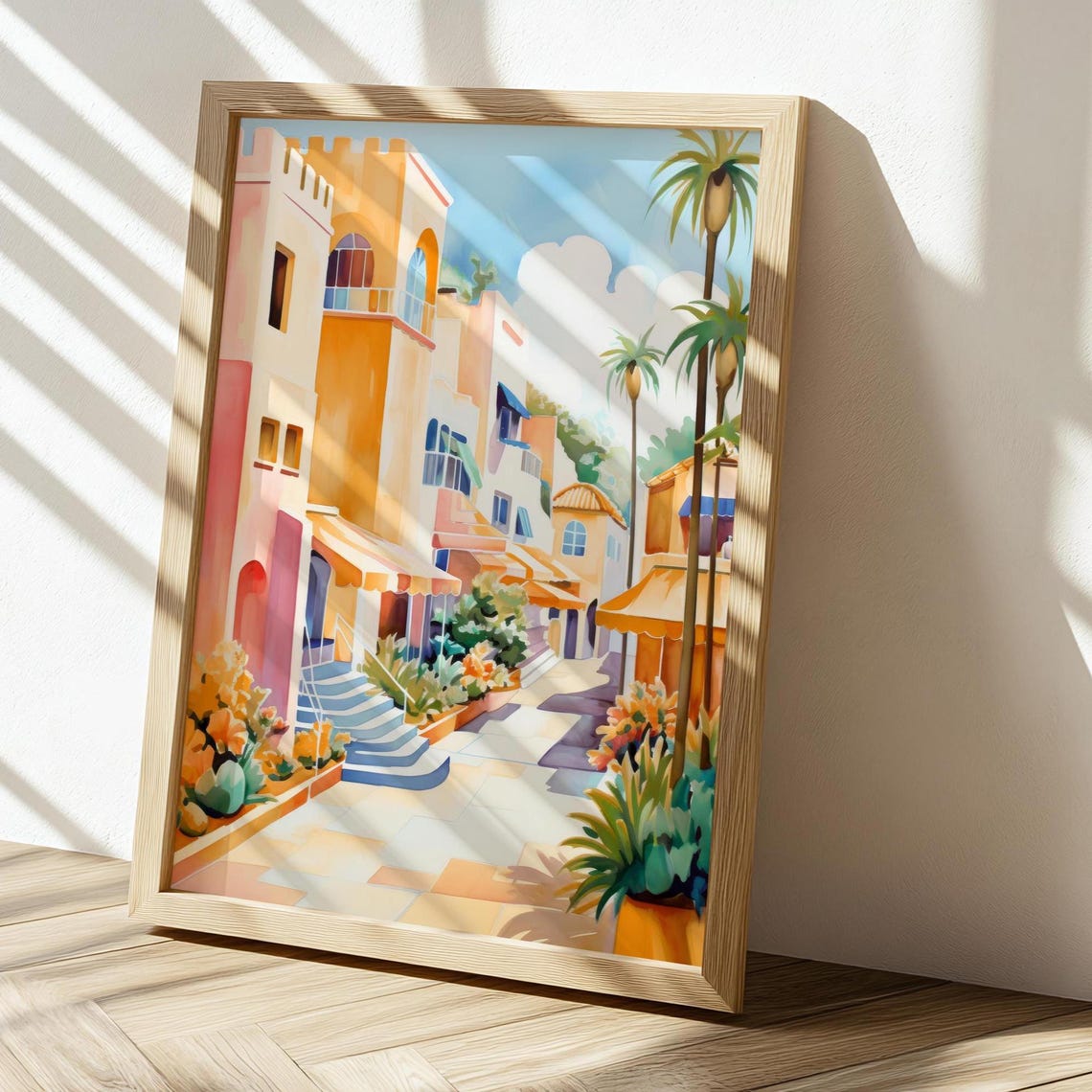 Colorful Coastal Town Street With Palm Trees Painting Poster