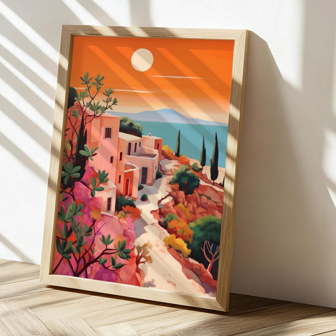 Orange Sunset Over Mediterranean Seaside Town Painting Poster