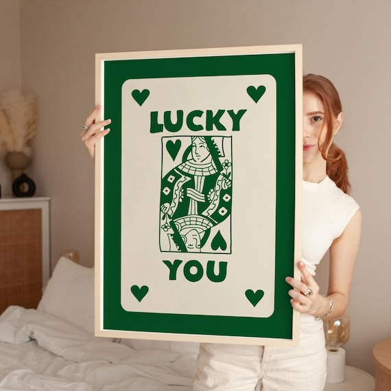 Lucky You Queen of Hearts Poster Green Retro Playing Card Art