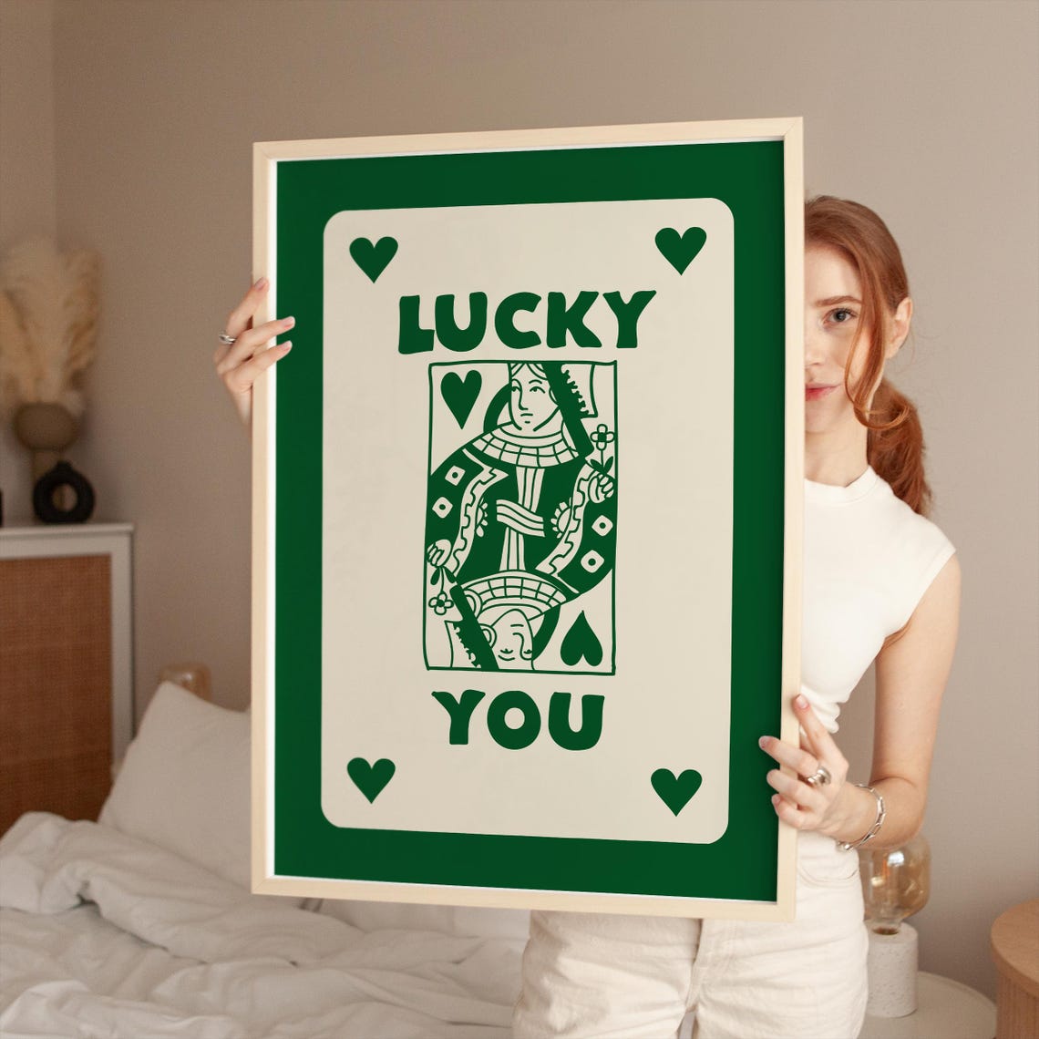 Lucky You Queen of Hearts Poster Green Retro Playing Card Art