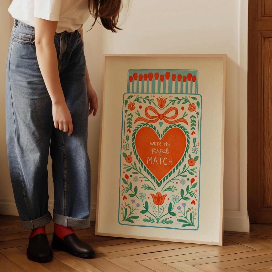 Folk Art Matchbox Poster Print, Whimsical Heart Floral
