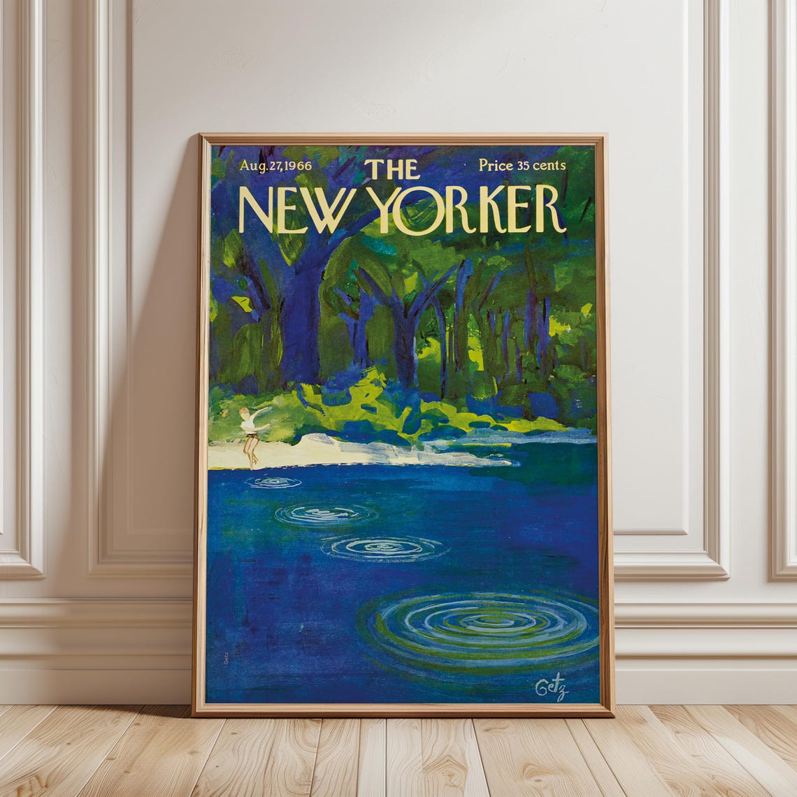 The New Yorker Aug 27 1966 Stone Skipping Blue Lake Dusk Cover Poster