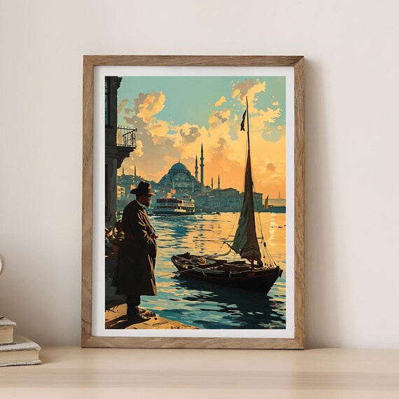 Istanbul Bosphorus Sunset Mosque Skyline Vintage Travel Poster