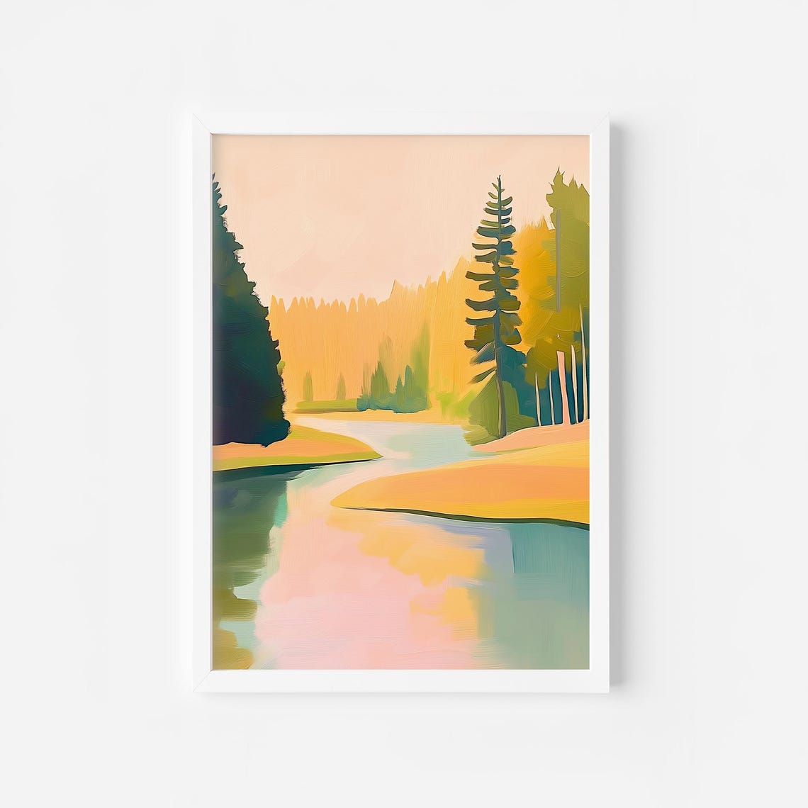 Golden Autumn River Winding Through Pine Forest at Sunset Poster