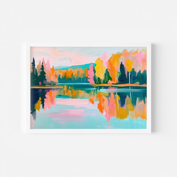 Colorful Spring Trees Lake Abstract Forest Print Spring Lake Landscape Colorful Spring Poster Lake House Decor
