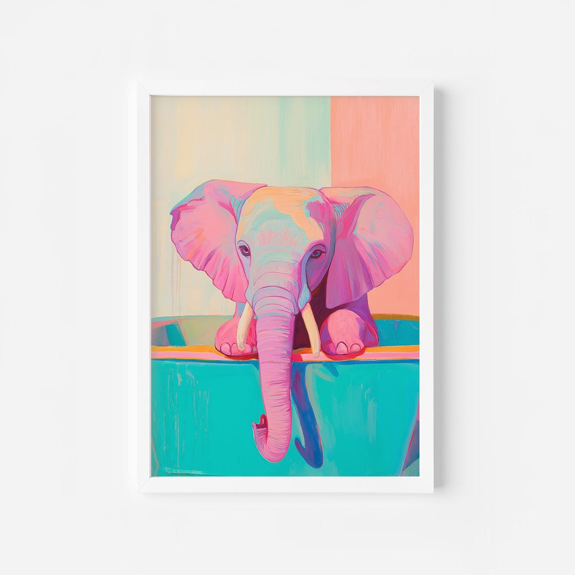 Pastel Pink Elephant in Turquoise Bathtub Whimsical Bathroom Poster