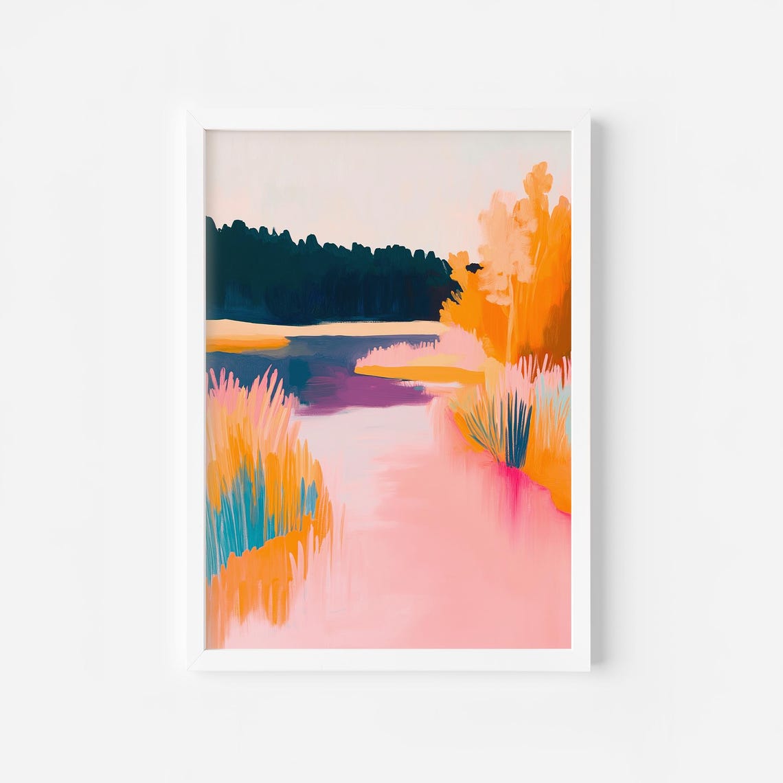 Autumn Lake Reeds Abstract Pink Water Fall Nature Landscape Poster