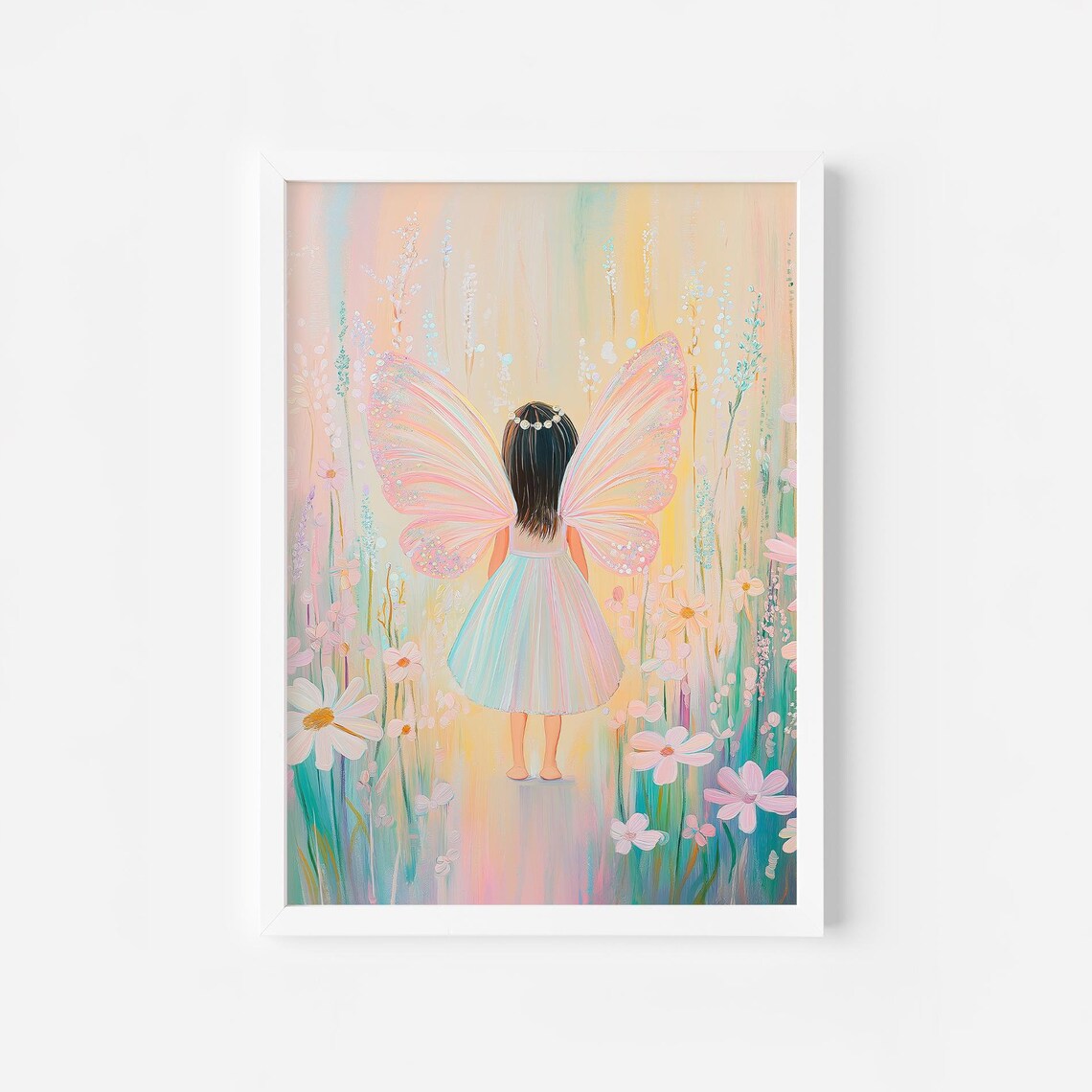 Butterfly Fairy Girl in Flower Meadow Pastel Fantasy Poster Art