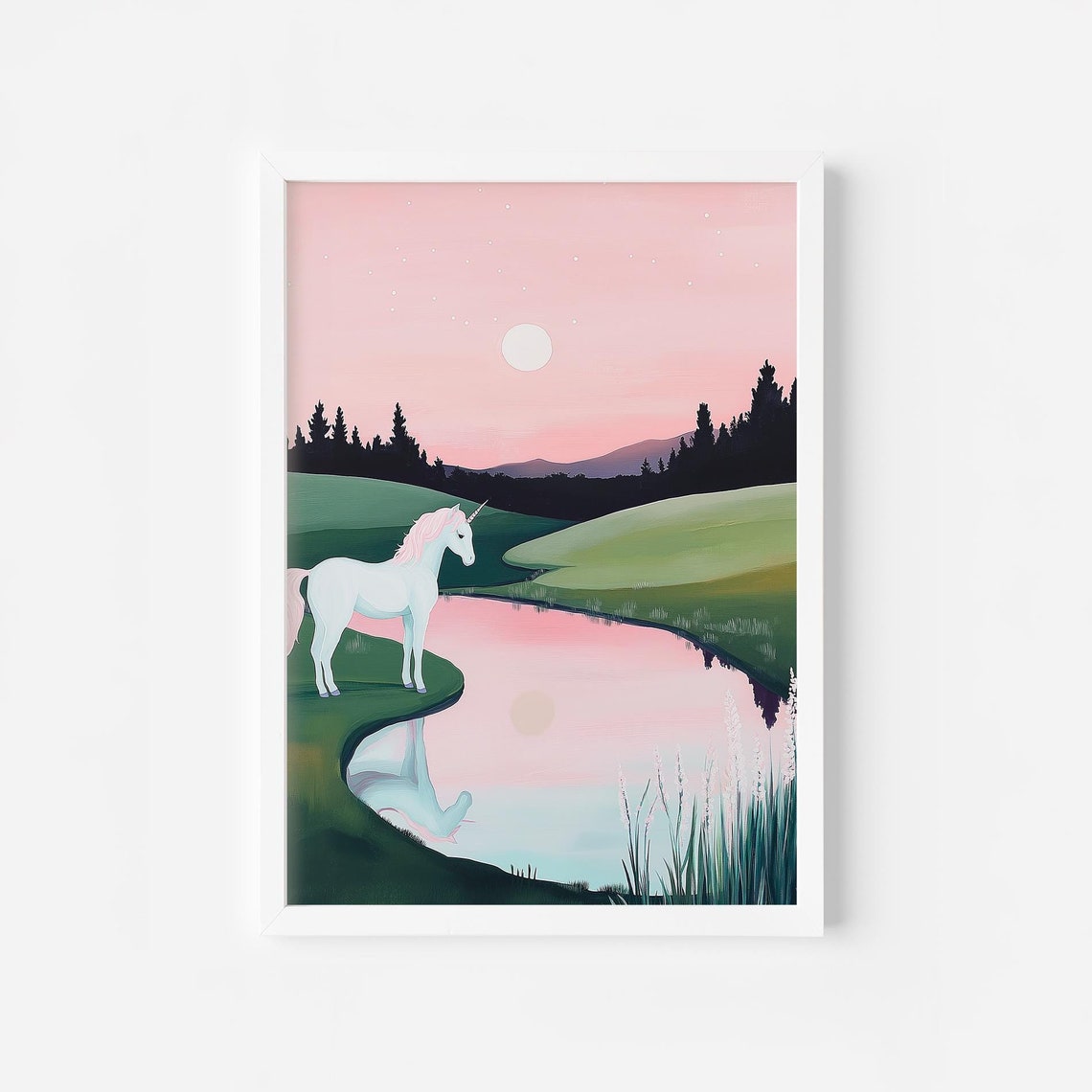 Unicorn by the Lake at Sunset Pink Sky Reflection Fantasy Poster