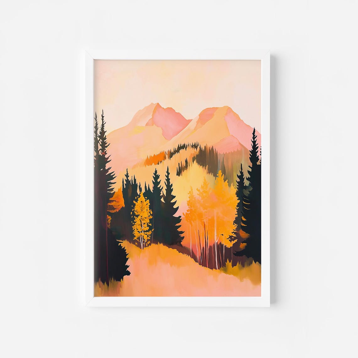 Pink Mountain Peaks Rising Over Golden Autumn Pines Landscape Poster
