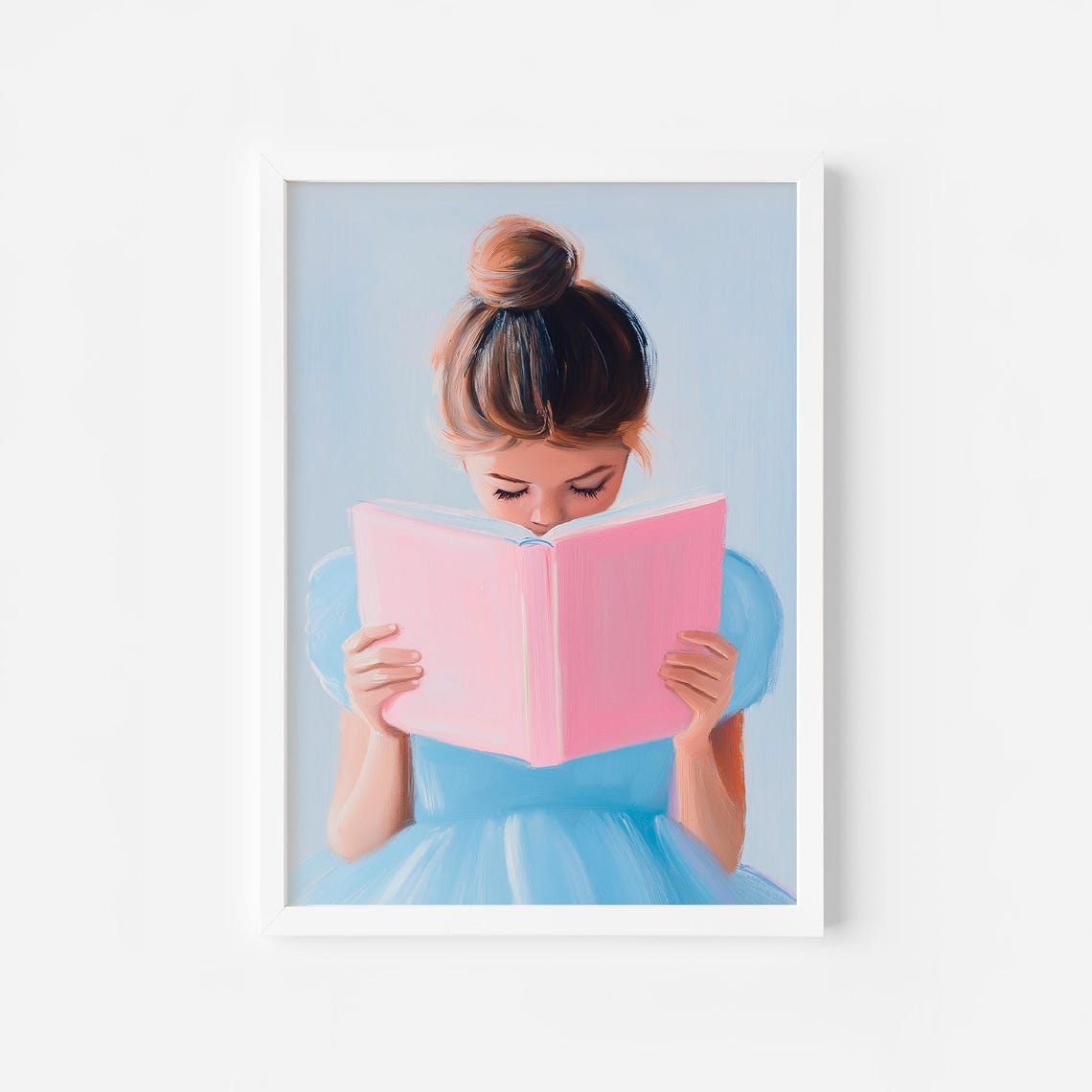 Girl With Top Bun Reading Pink Book Pastel Blue Nursery Poster