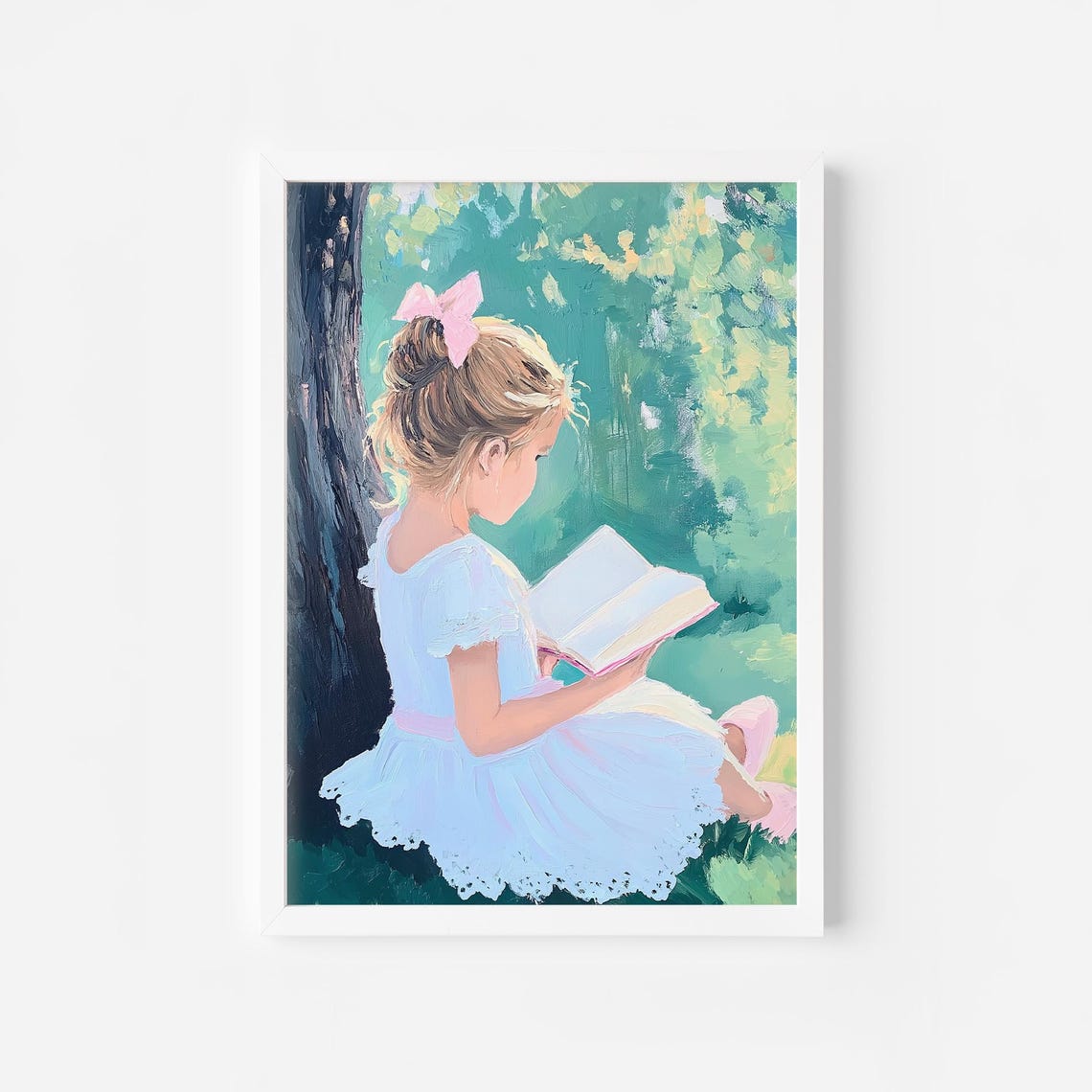 Blonde Girl Reading Under Green Tree White Dress Kids Poster