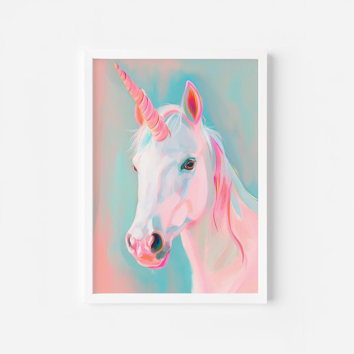 Pastel White Unicorn Portrait With Rainbow Horn Fantasy Art Poster