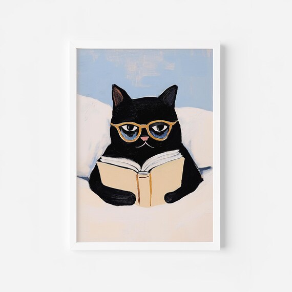 Black Cat with Glasses Reading a Book Cozy Bedtime Story Poster