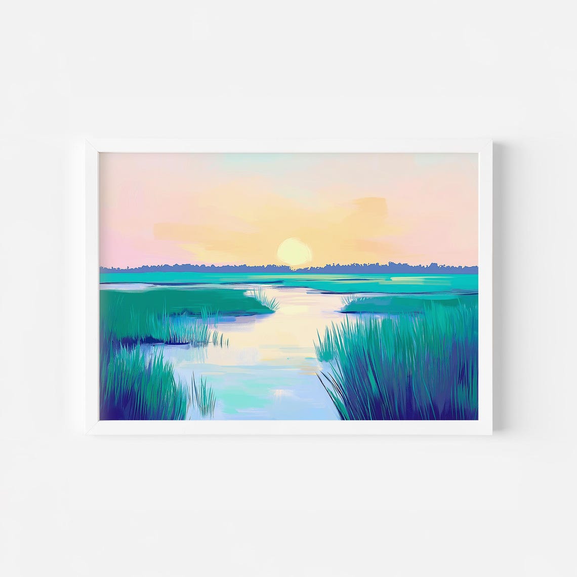 Coastal Marsh Sunset With Winding Creek And Teal Grasses Poster