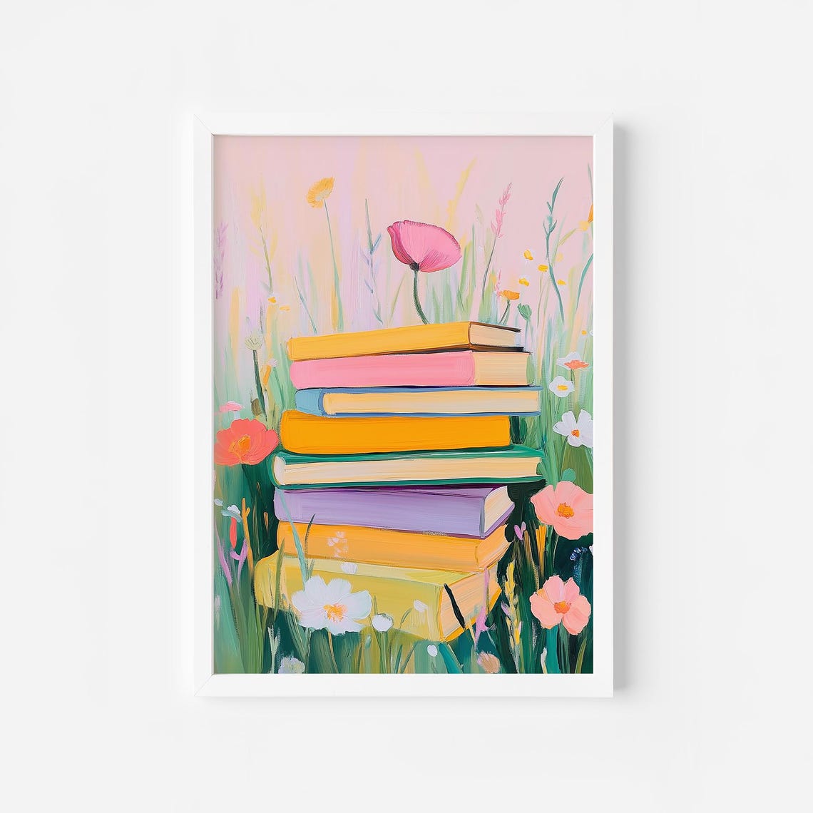 Pastel Book Stack in a Wildflower Meadow Under a Pink Sky Poster