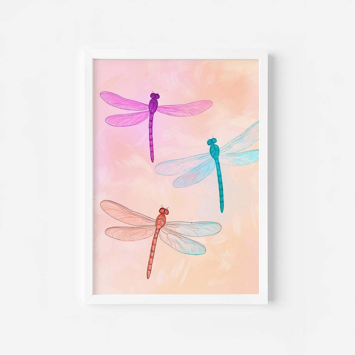 Three Colorful Dragonflies On Soft Peach Botanical Art Poster