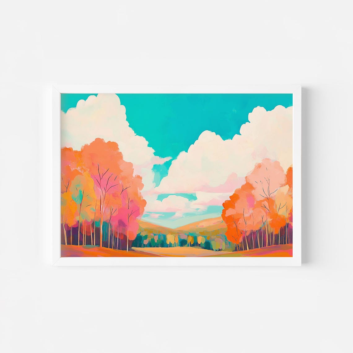 Autumn Forest Path Under Vivid Turquoise Sky With Clouds Poster
