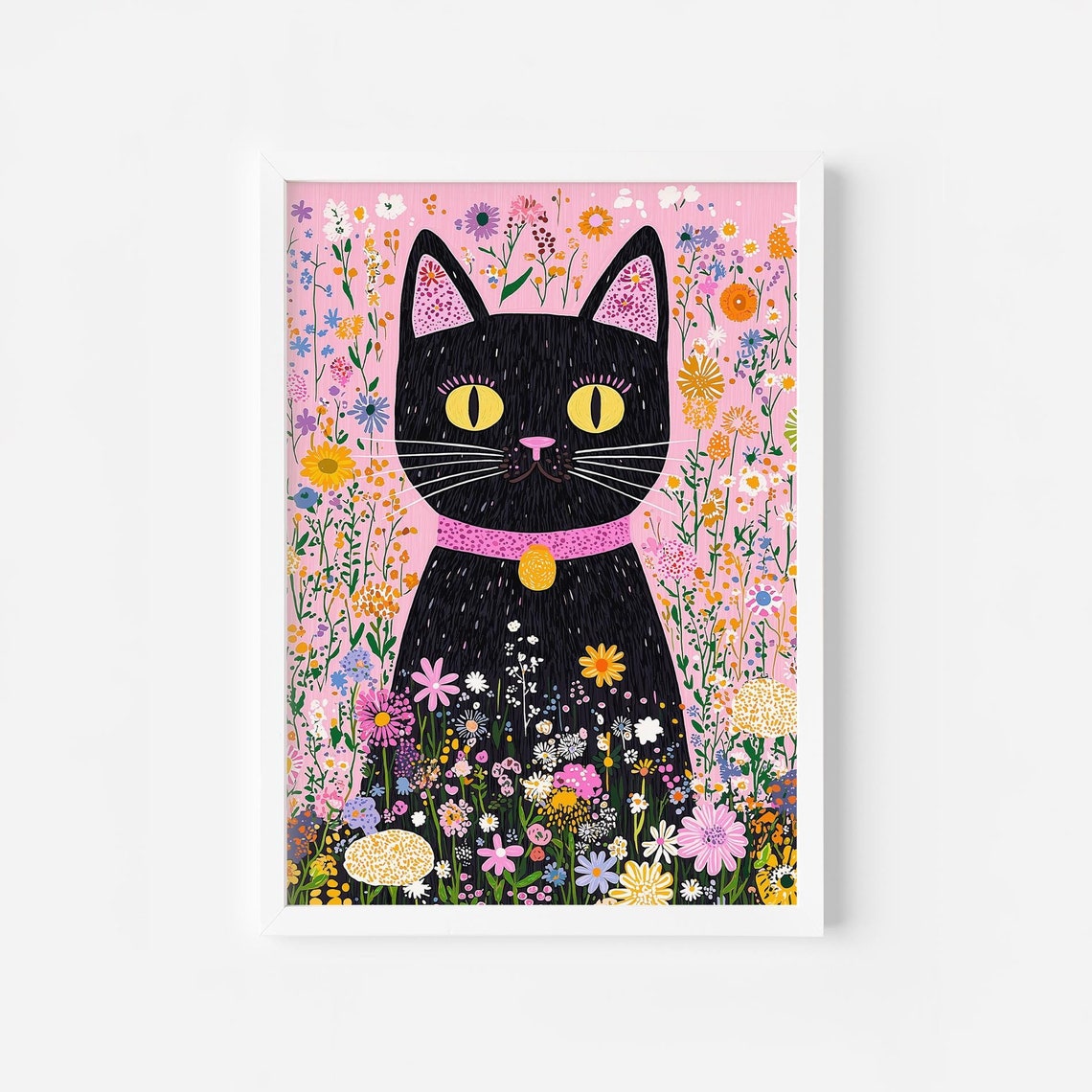 Black Cat in Blooming Wildflower Garden Whimsical Folk Art Poster