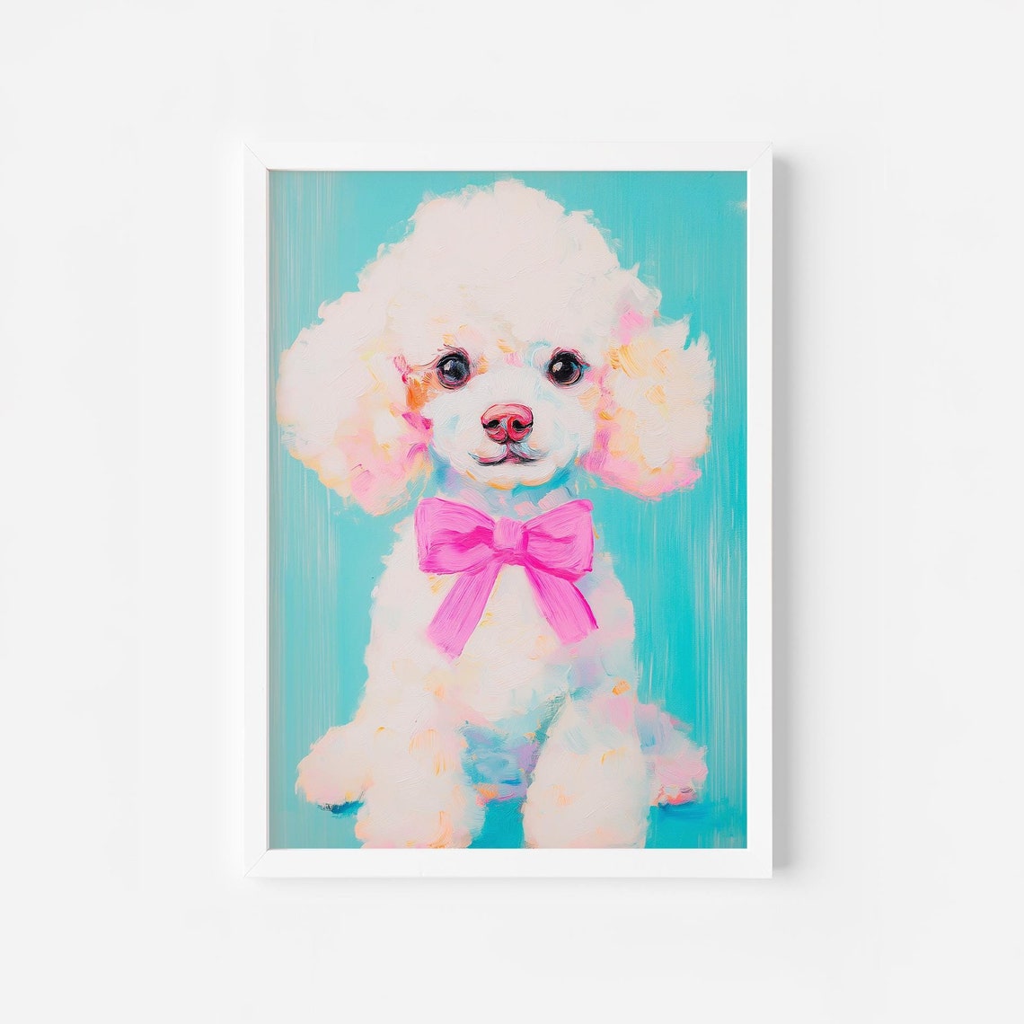 White Poodle Puppy With Pink Bow Turquoise Dog Portrait Poster