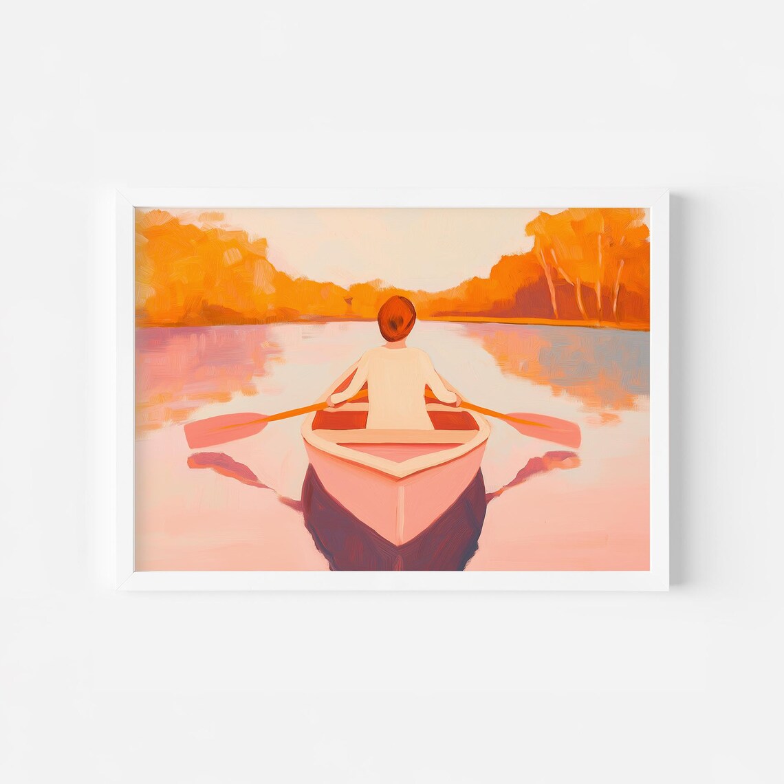 Woman Paddling Pink Canoe On Autumn Lake At Golden Sunset Poster