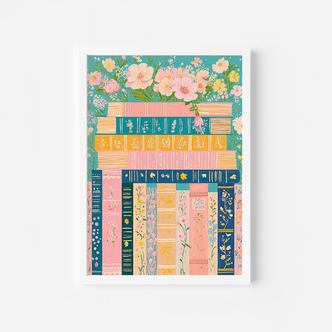 Teal Bookshelf Book Spines Stack Floral Botanical Book Lover Poster
