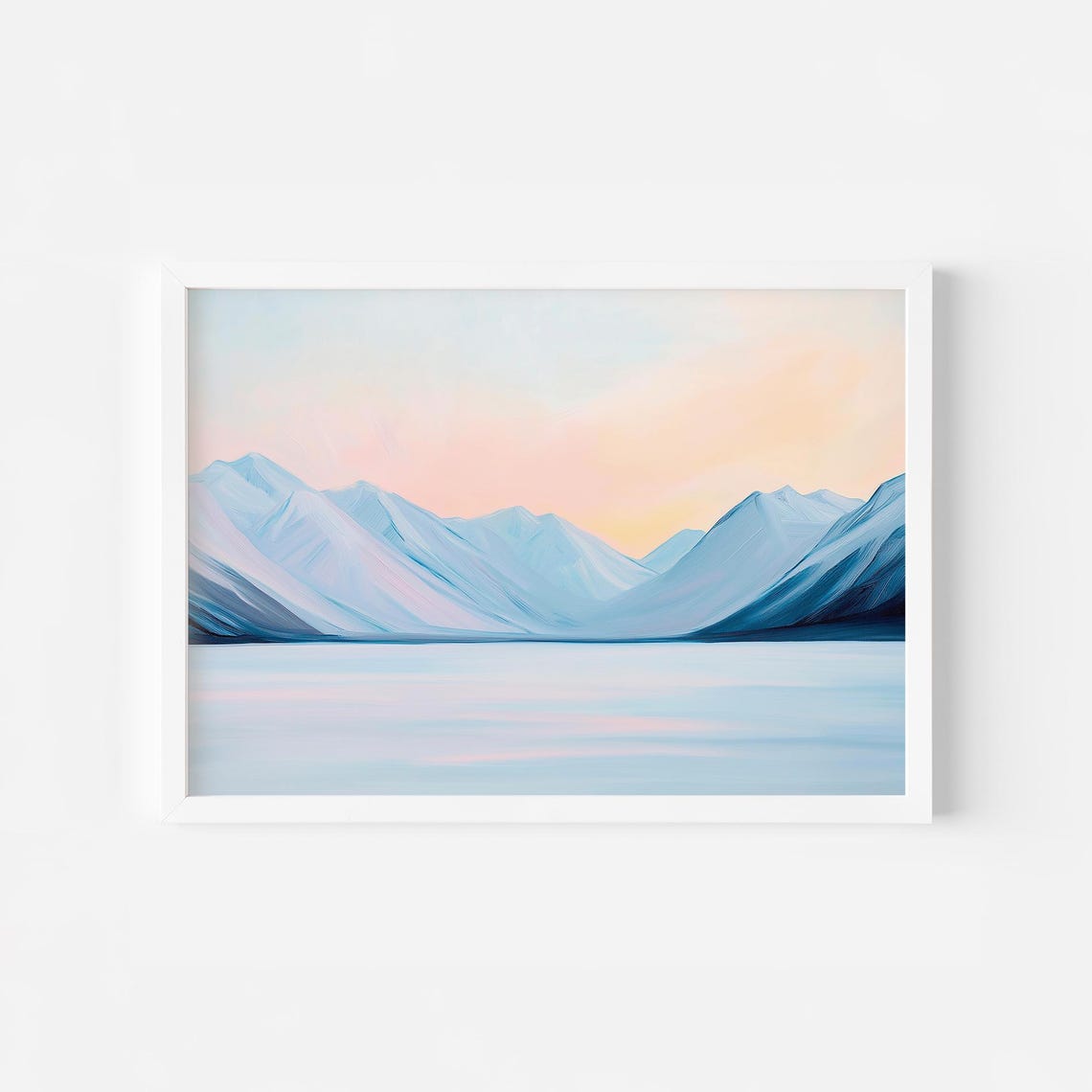 Blue Snowy Mountain Peaks Reflected In Calm Lake At Sunset Poster