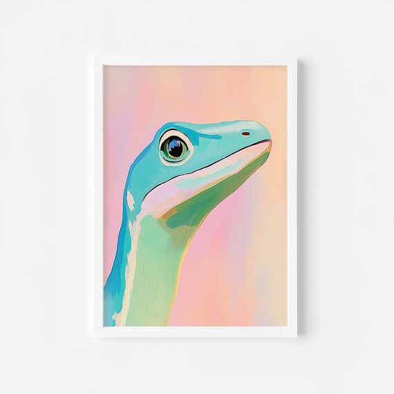 Curious Green Lizard Portrait on Pastel Pink Reptile Decor Poster