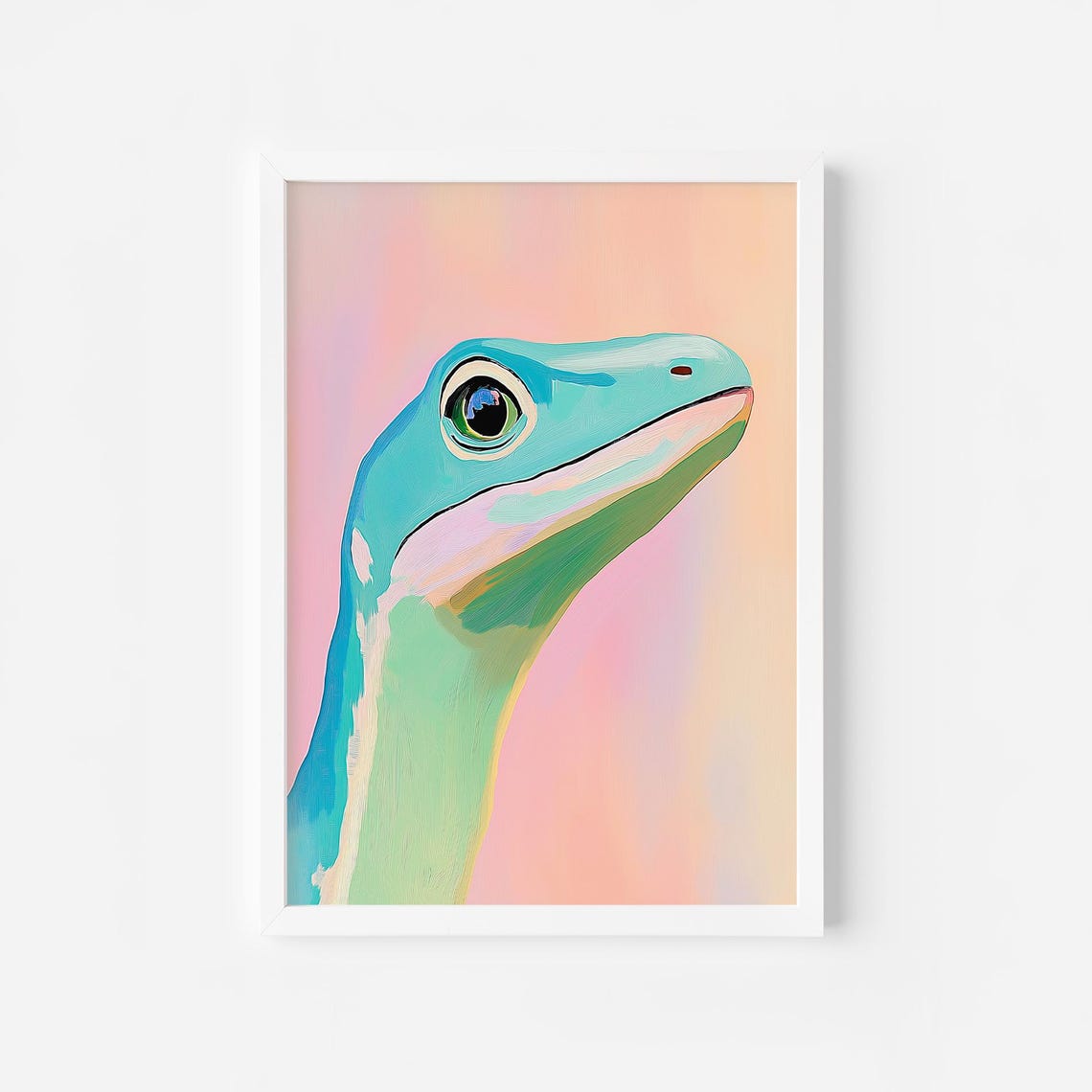Curious Green Lizard Portrait on Pastel Pink Reptile Decor Poster