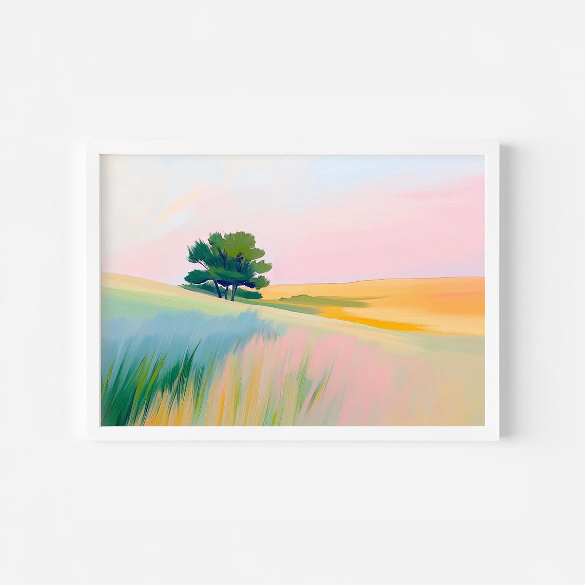 Lone Green Tree On Colorful Spring Meadow With Pink Sky Poster