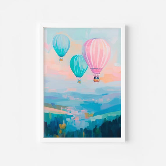 Whimsical Hot Air Balloon Colorful Girls Room Wall Art Magical Kids Playroom Girly Sunset Pink Whimsical