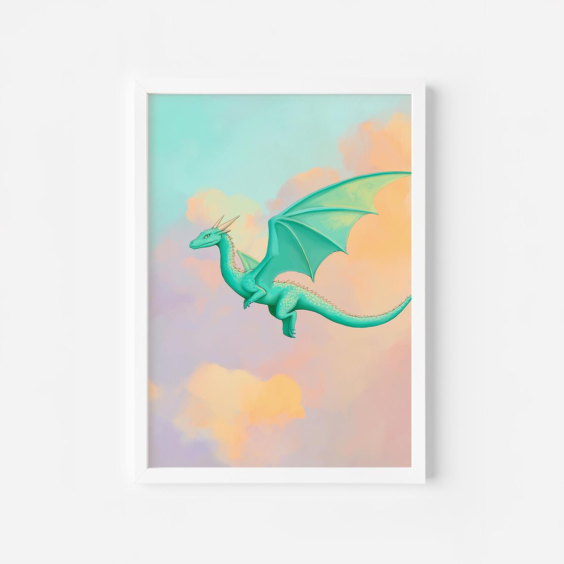 Teal Flying Dragon Soaring Over Pastel Clouds Fantasy Kids Poster