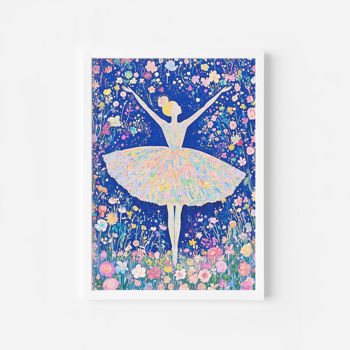 Ballerina in Floral Garden with Blue Night Sky Whimsical Dance Poster